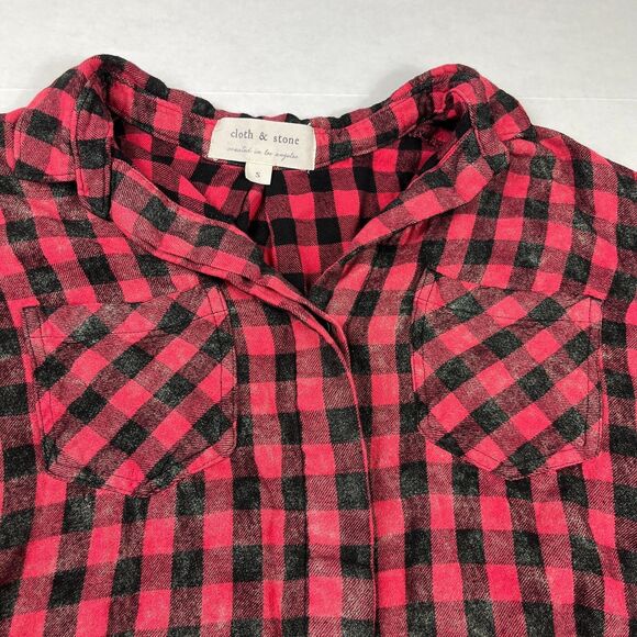 Cloth & Stone Red Black Buffalo Check Button Shirt Small Raw Hem Hi Low Grunge - Picture 4 of 11